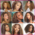 Collage of a woman with styled hair in various poses and backgrounds