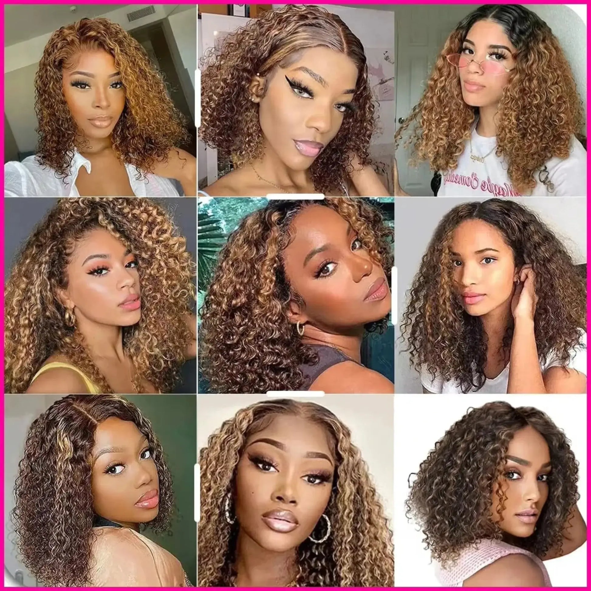 Collage of a woman with styled hair in various poses and backgrounds