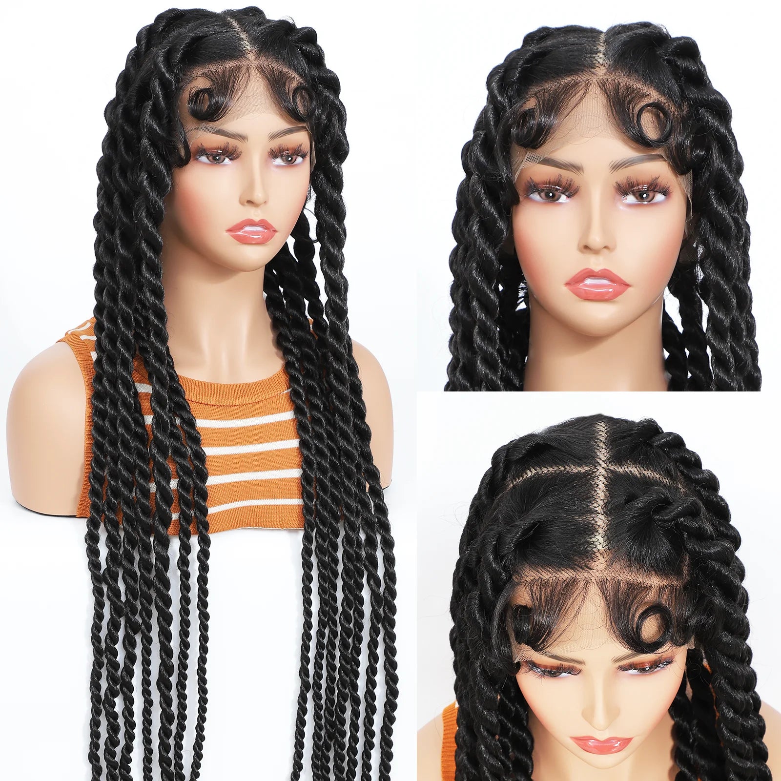 Three mannequin heads with braided wigs on a white background