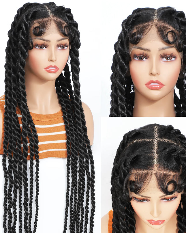 Three mannequin heads with braided wigs on a white background