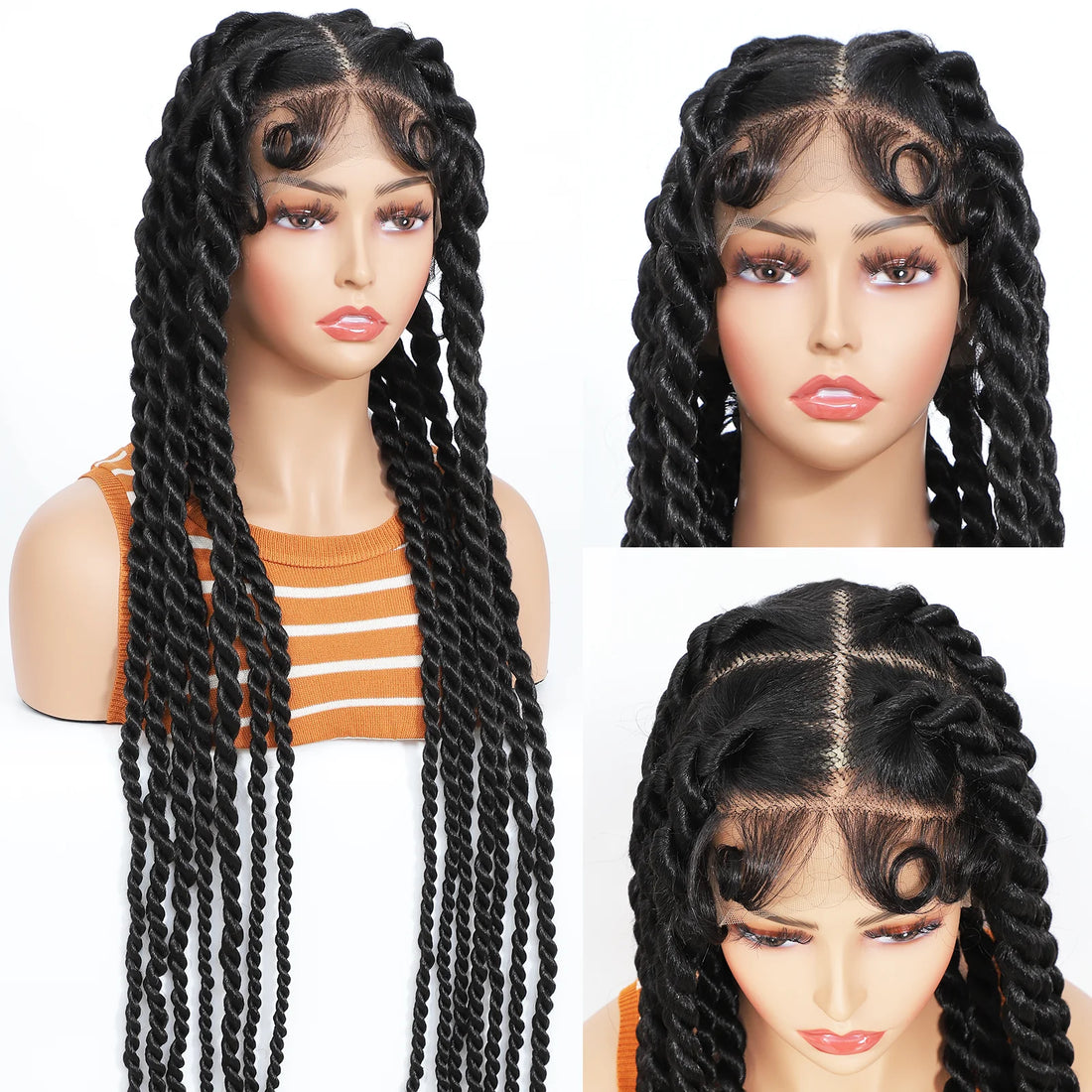 Three mannequin heads with braided wigs on a white background