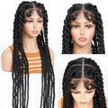 Three mannequin heads with braided wigs on a white background