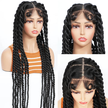 Three mannequin heads with braided wigs on a white background