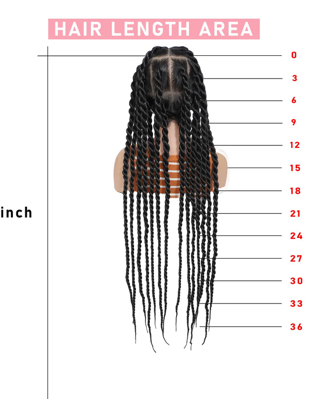 Measurement chart for hair length with a mannequin head displaying braided hair.