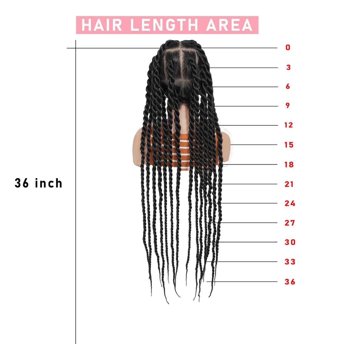 Three mannequin heads with braided wigs on a white background