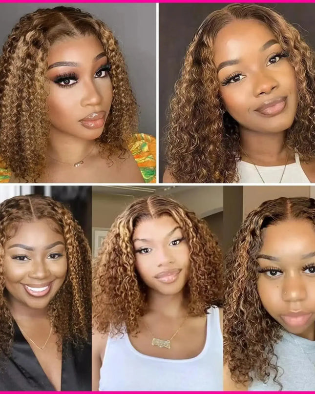 Collage of five images featuring women with styled hair, set against a pink border.