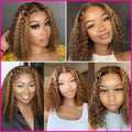 Collage of five images featuring women with styled hair, set against a pink border.