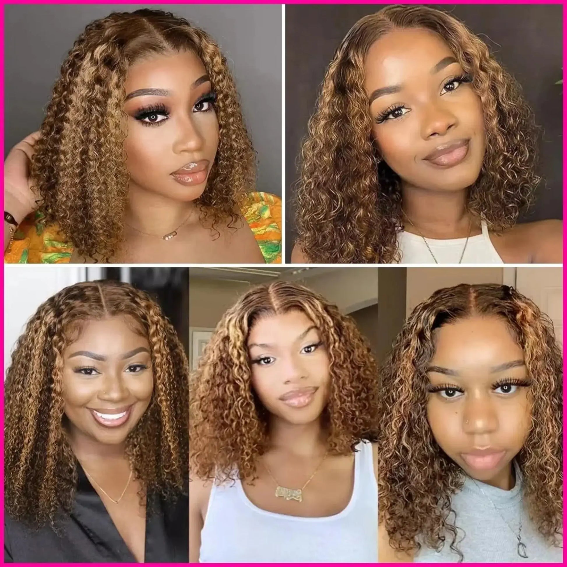 Collage of five images featuring women with styled hair, set against a pink border.