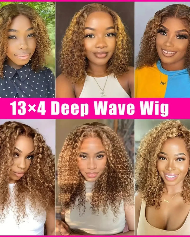 Collage of a woman with styled hair labeled '13x4 Deep Wave Wig' against various backgrounds.