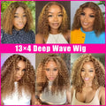 Collage of a woman with styled hair labeled '13x4 Deep Wave Wig' against various backgrounds.