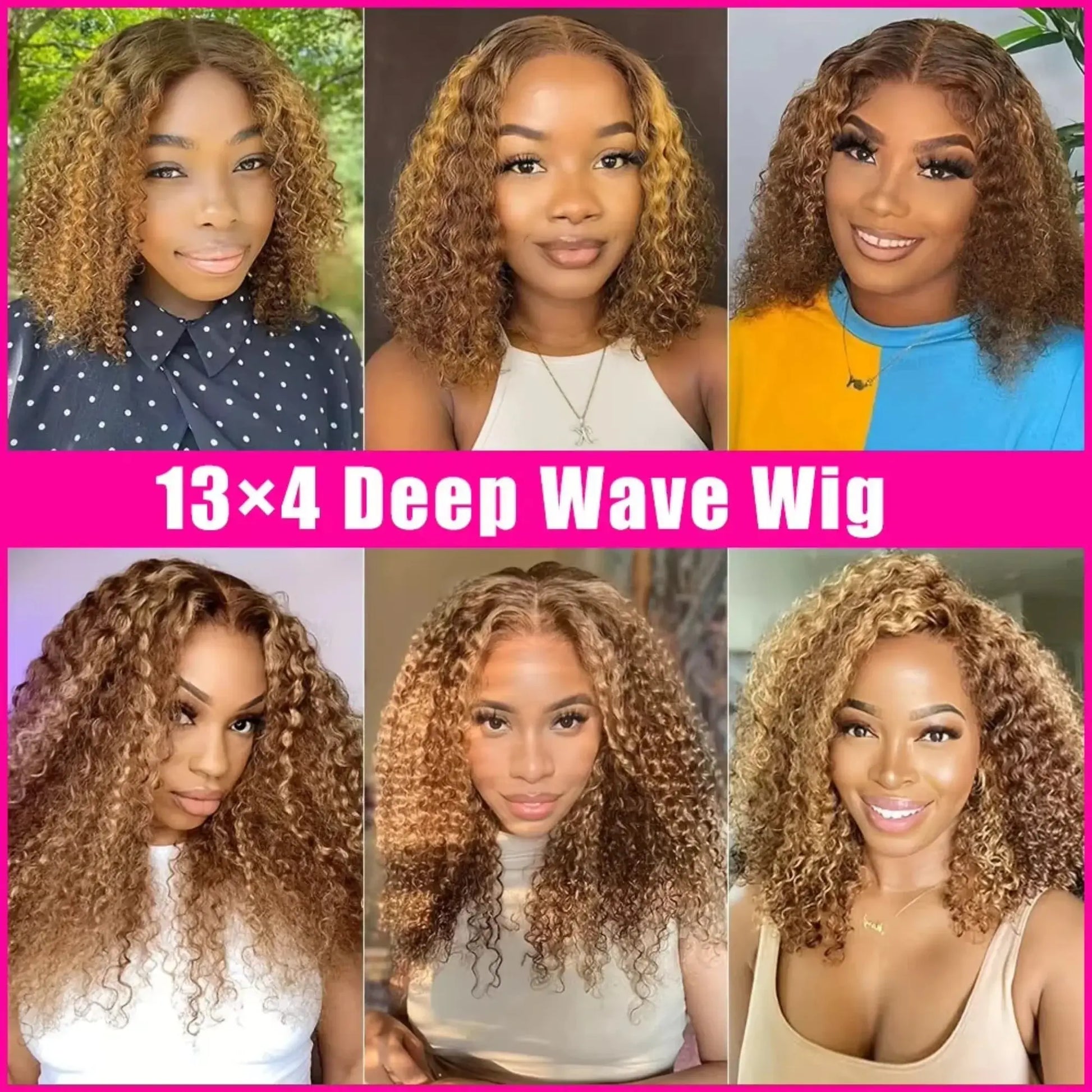 Collage of a woman with styled hair labeled '13x4 Deep Wave Wig' against various backgrounds.