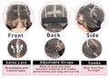 Wig with Swiss lace, adjustable straps, and combs shown from front, back, and side views.