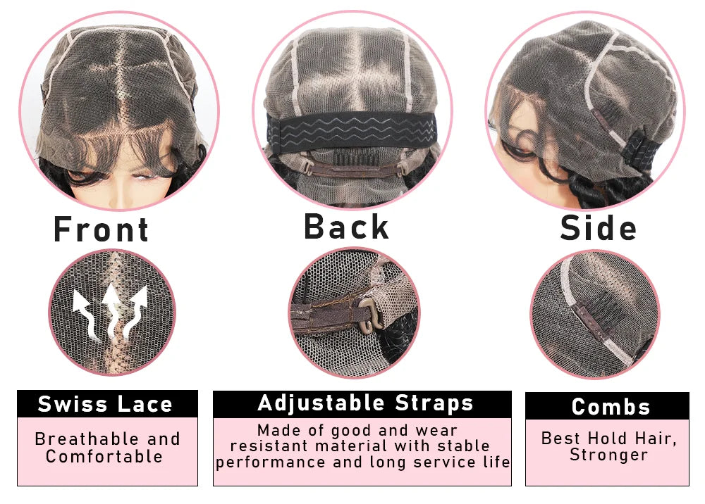 Wig with Swiss lace, adjustable straps, and combs shown from front, back, and side views.