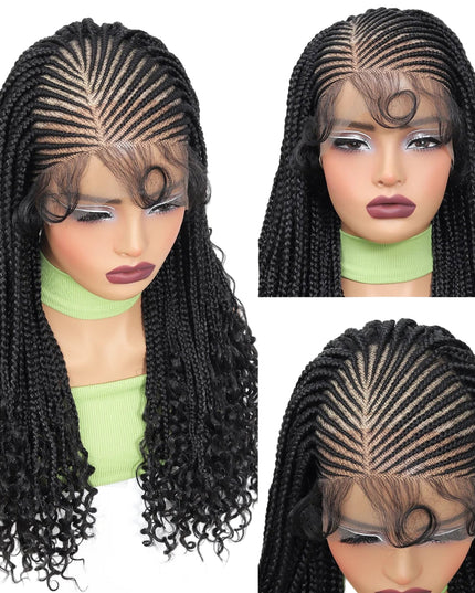 Three views of a black braided wig on a mannequin head with a white background.
