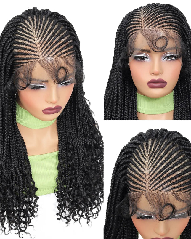 Three views of a black braided wig on a mannequin head with a white background.
