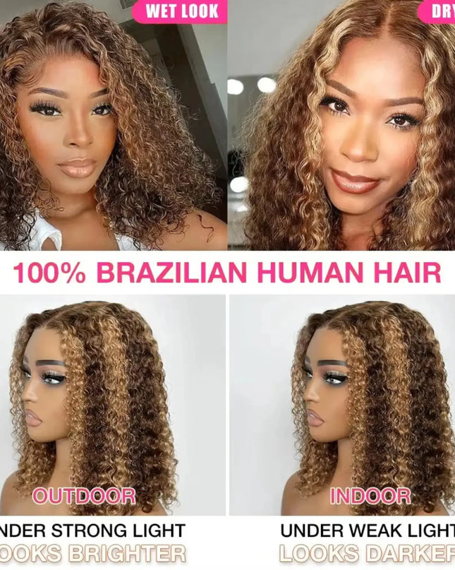 Comparison of 100% Brazilian human hair under different lighting conditions and styles.
