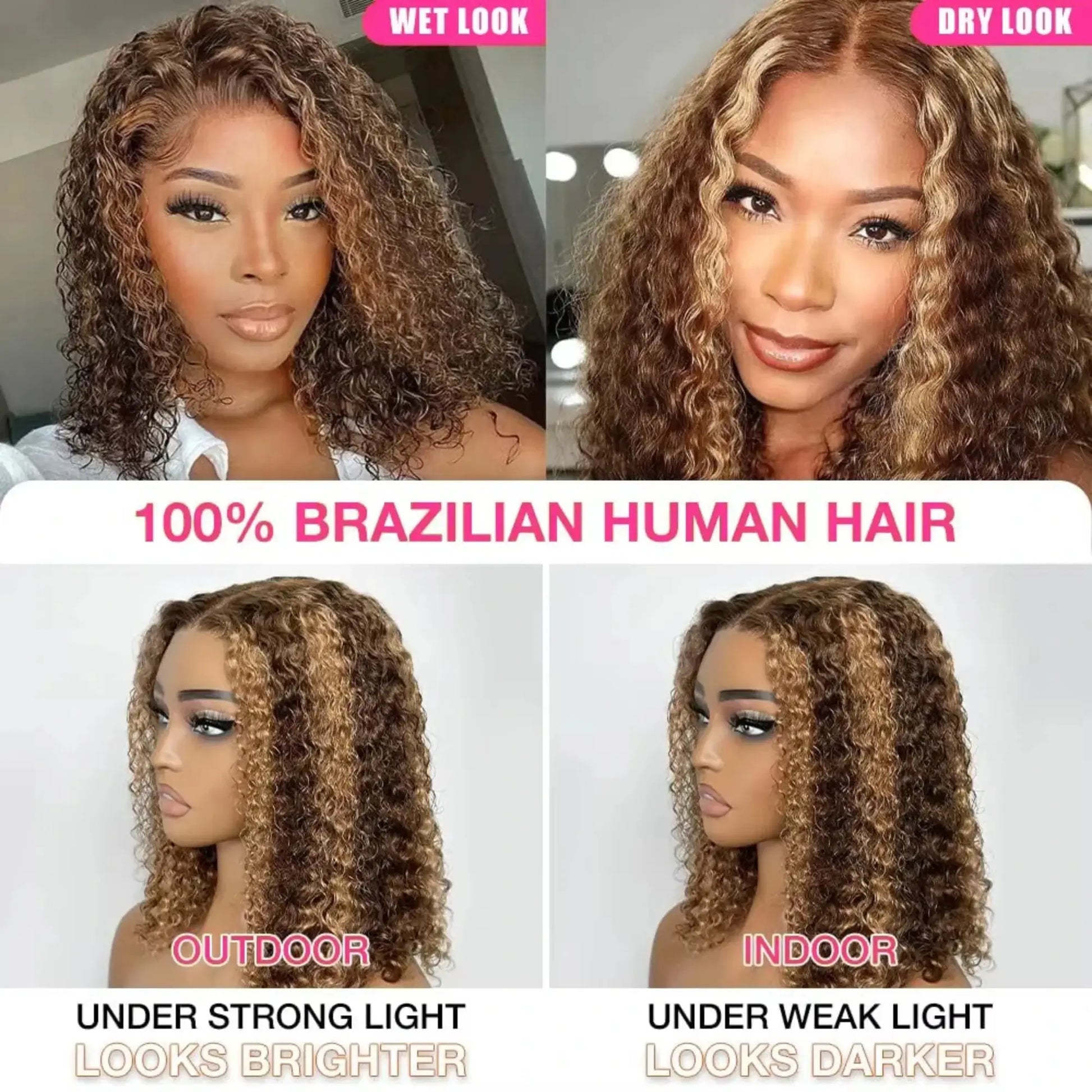 Comparison of 100% Brazilian human hair under different lighting conditions and styles.
