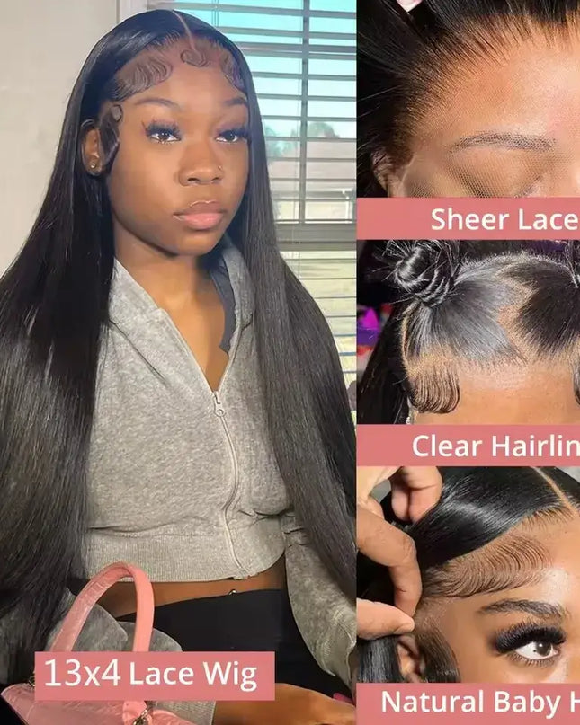 13x6 Bone Straight Lace Front Wig – 30-40" Brazilian Human Hair, glueless, natural for versatile styling.