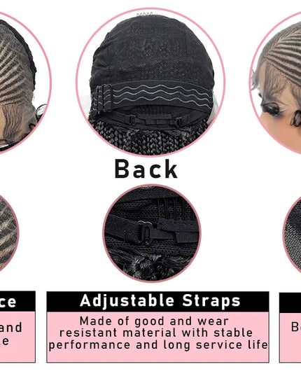 Wig display with front, back, and side views, featuring Swiss lace, adjustable straps, and combs.