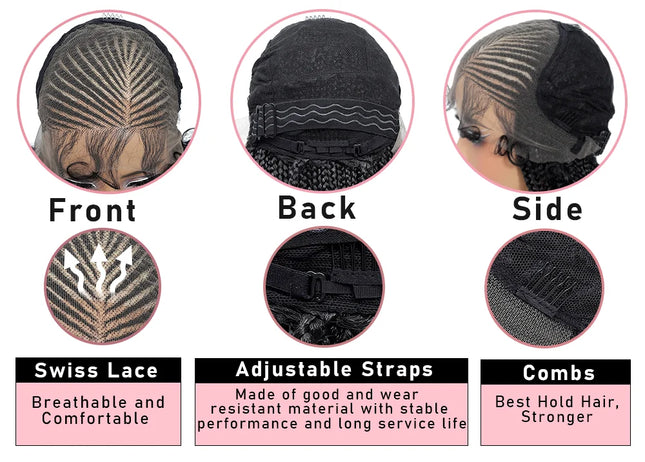 Wig display with front, back, and side views, featuring Swiss lace, adjustable straps, and combs.