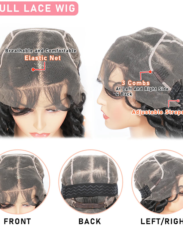 Full lace wig with features highlighted on a white background
