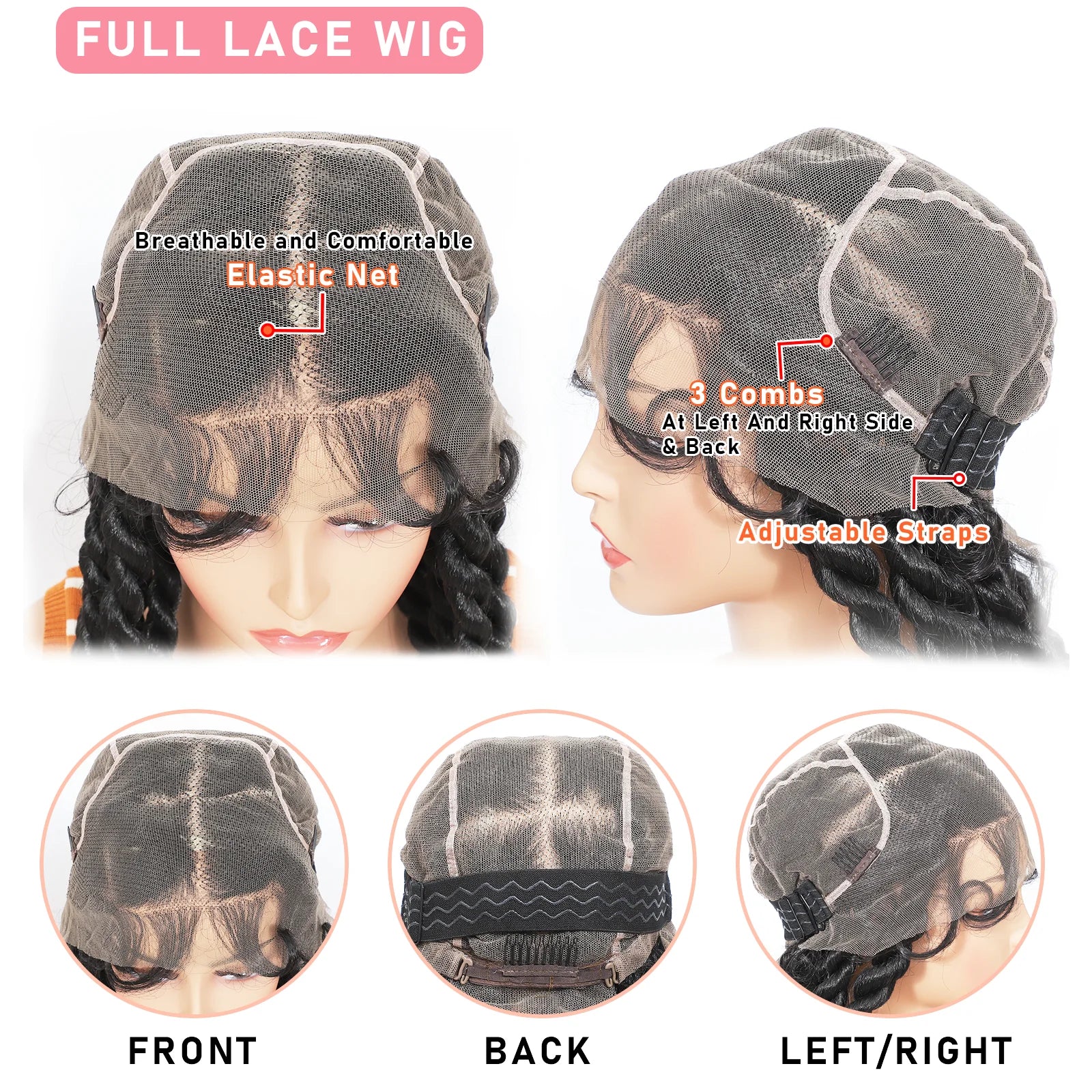Full lace wig with features highlighted on a white background