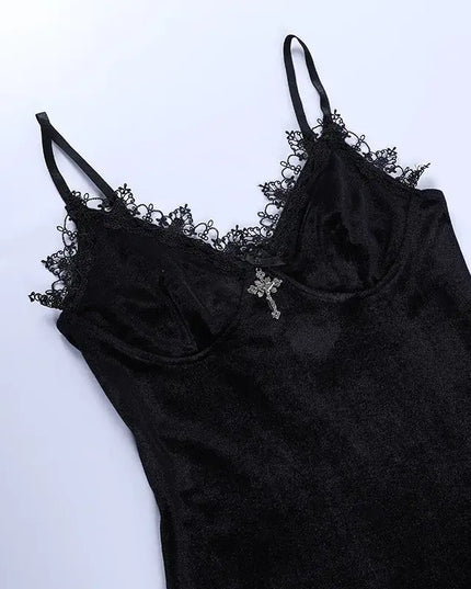 Vintage Black Cross Mini Dress – Sexy Spaghetti Strap Slit Dress”