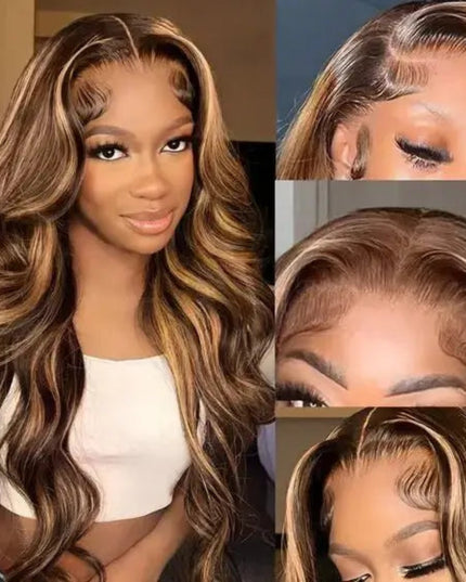 13x6 honey blonde highlight wig with body wave texture and HD lace front, featuring a natural hairline.