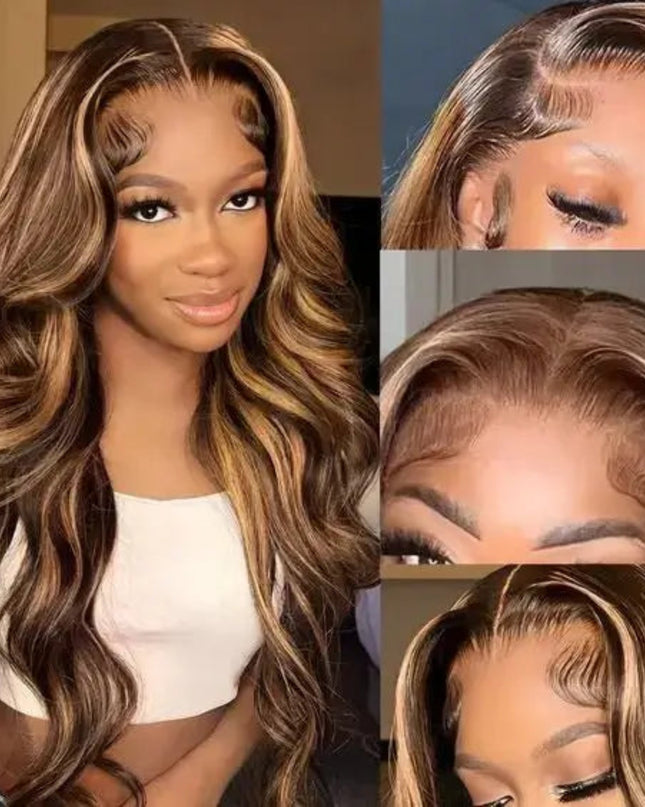 13x6 honey blonde highlight wig with body wave texture and HD lace front, featuring a natural hairline.