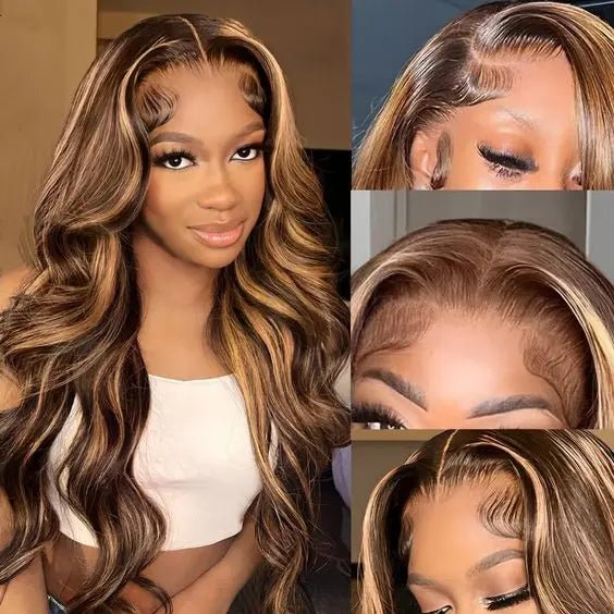 13x6 honey blonde highlight wig with body wave texture and HD lace front, featuring a natural hairline.