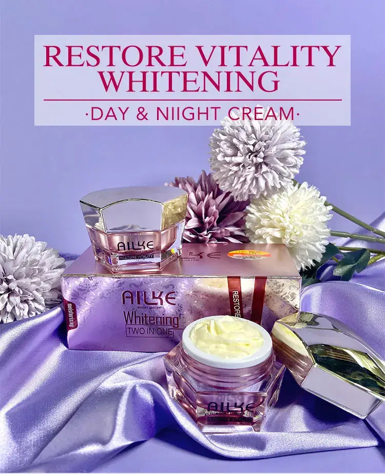 AILKE whitening two-in-one face cream jars in a pink box, designed to boost skin luster and hydration.