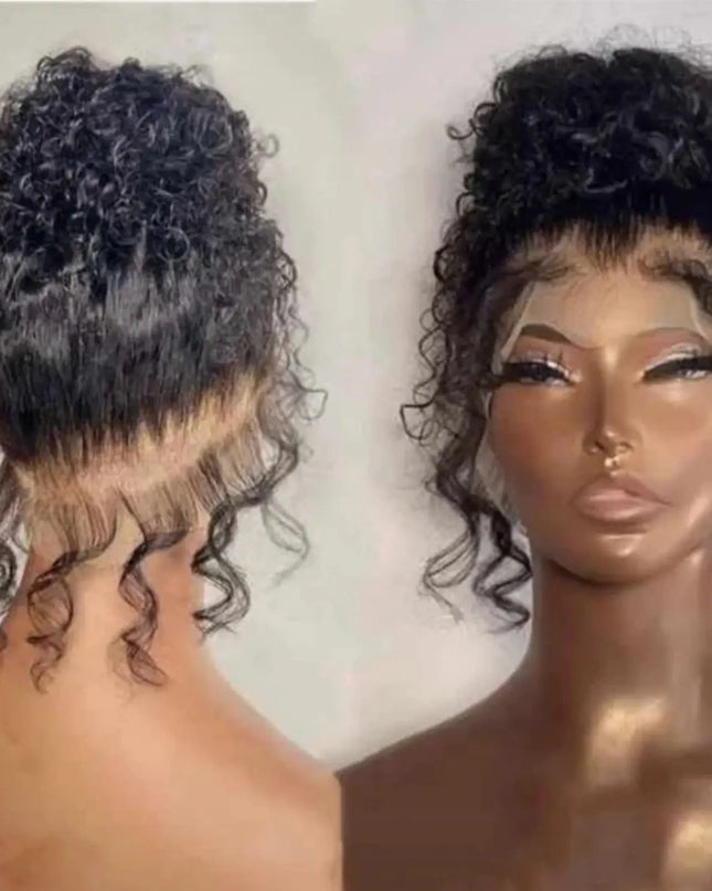Curly wig shown from the back and front on a mannequin head.