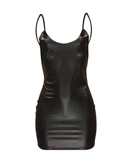 Sexy Black Faux Leather Mini Dress – Backless Bodycon Wet-Look Club Party Dress