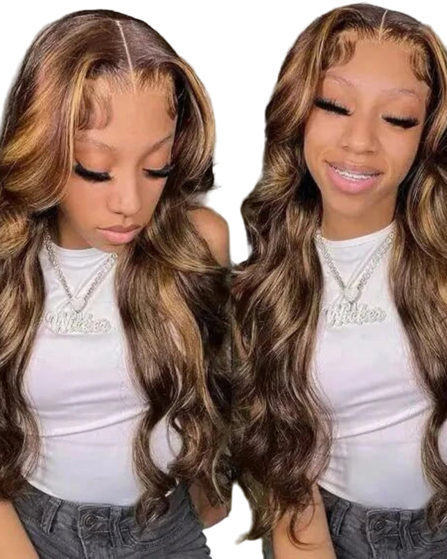 14x6 honey blonde highlight wig in body wave style, showcasing natural elegance and stunning shine.