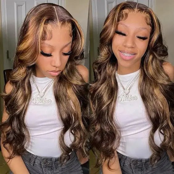 14x6 honey blonde highlight wig in body wave style, showcasing natural elegance and stunning shine.