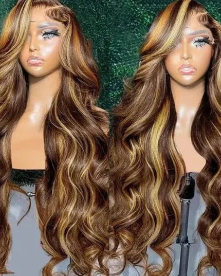 13x6 honey blonde highlight wig with body wave texture and HD lace front, showcasing a natural and elegant style.