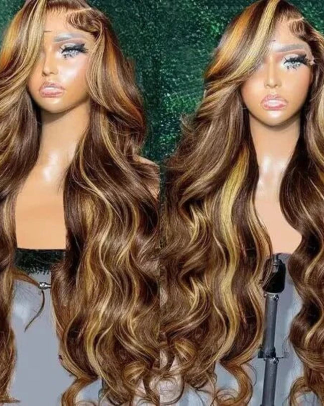 13x6 honey blonde highlight wig with body wave texture and HD lace front, showcasing a natural and elegant style.