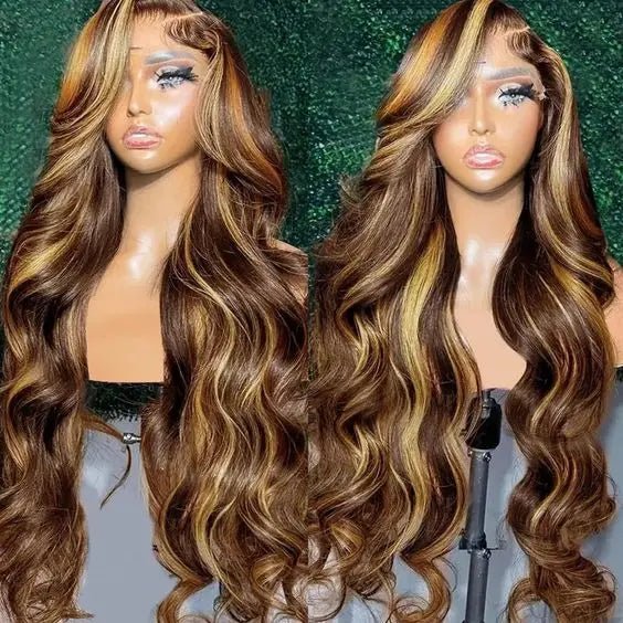 13x6 honey blonde highlight wig with body wave texture and HD lace front, showcasing a natural and elegant style.