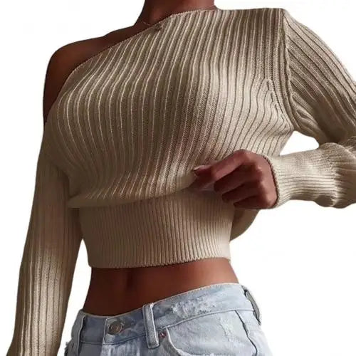 Women's Off-Shoulder Ribbed Knit Pullover Sweater - Solid Color Long Sleeve Jumper Top