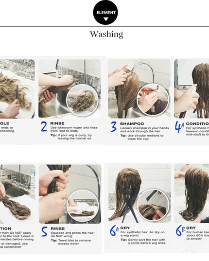 Step-by-step guide to washing synthetic hair extensions with images and text instructions.