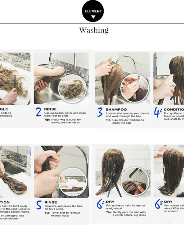 Step-by-step guide to washing synthetic hair extensions with images and text instructions.