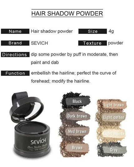 Sevich hair shadow powder in a 4g container with color options for filling and modifying thinning hairlines.