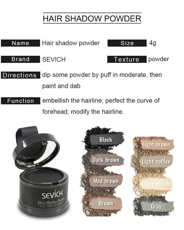 Sevich hair shadow powder in a 4g container with color options for filling and modifying thinning hairlines.