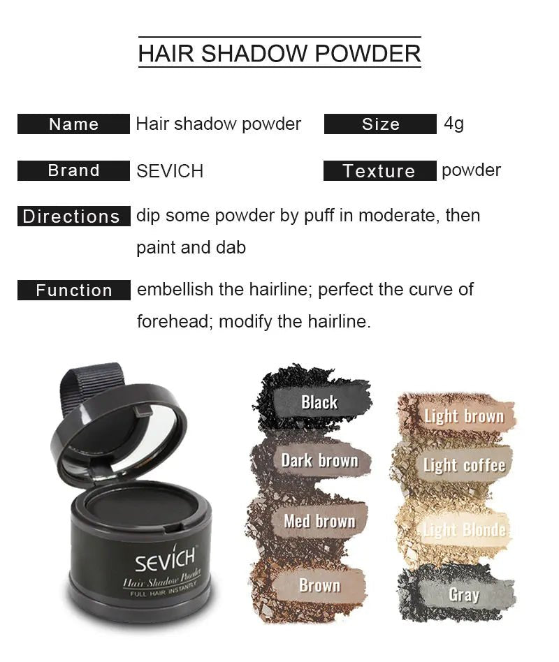 Sevich 12 Color Hairline Powder showcasing a variety of shades including Red Brown, Black, and Auburn for thinning hair coverage.