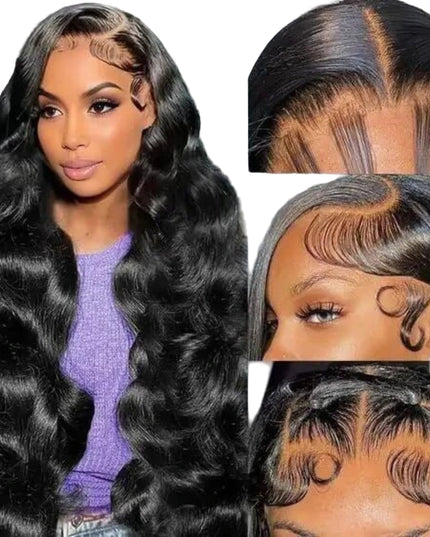 Woman with styled hair and close-up views of hairline and texture.