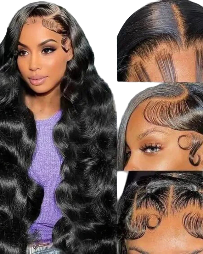 Woman with styled hair and close-up views of hairline and texture.
