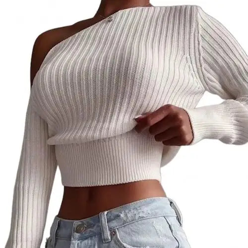Women's Off-Shoulder Ribbed Knit Pullover Sweater - Solid Color Long Sleeve Jumper Top