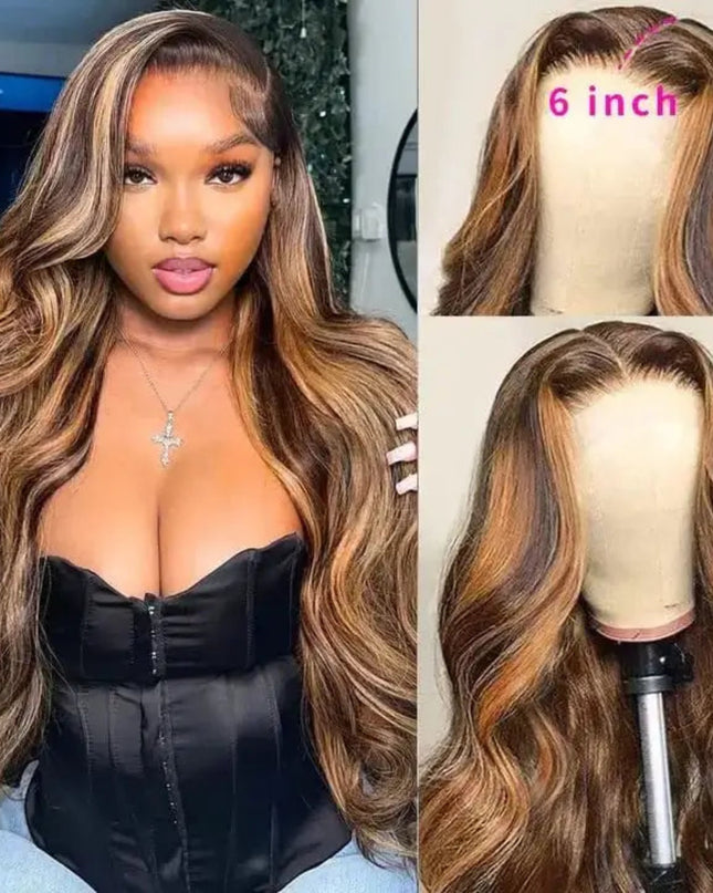 Woman with long wavy hair and close-up of hair extensions on a mannequin head.