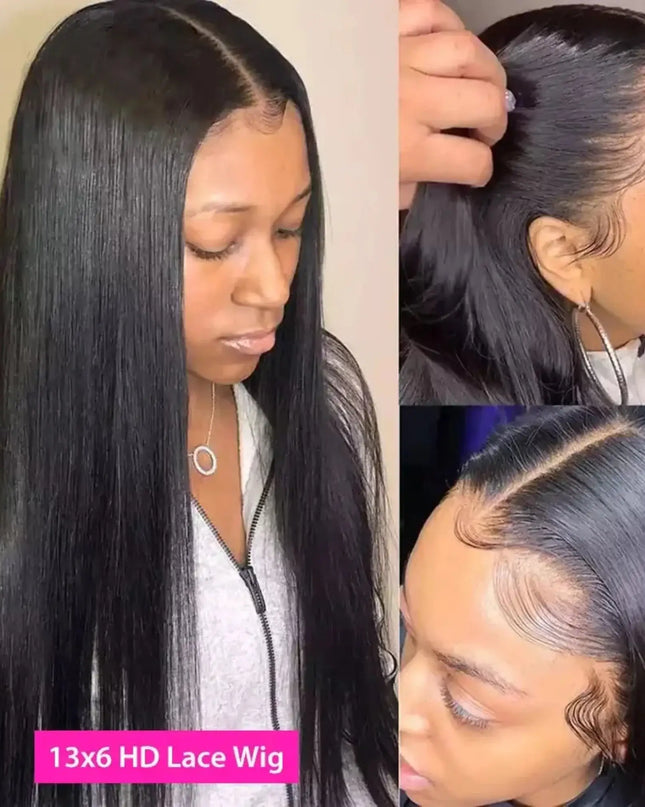 Collage of a 13x6 HD lace wig with close-up views and a model wearing it.