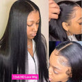 Collage of a 13x6 HD lace wig with close-up views and a model wearing it.